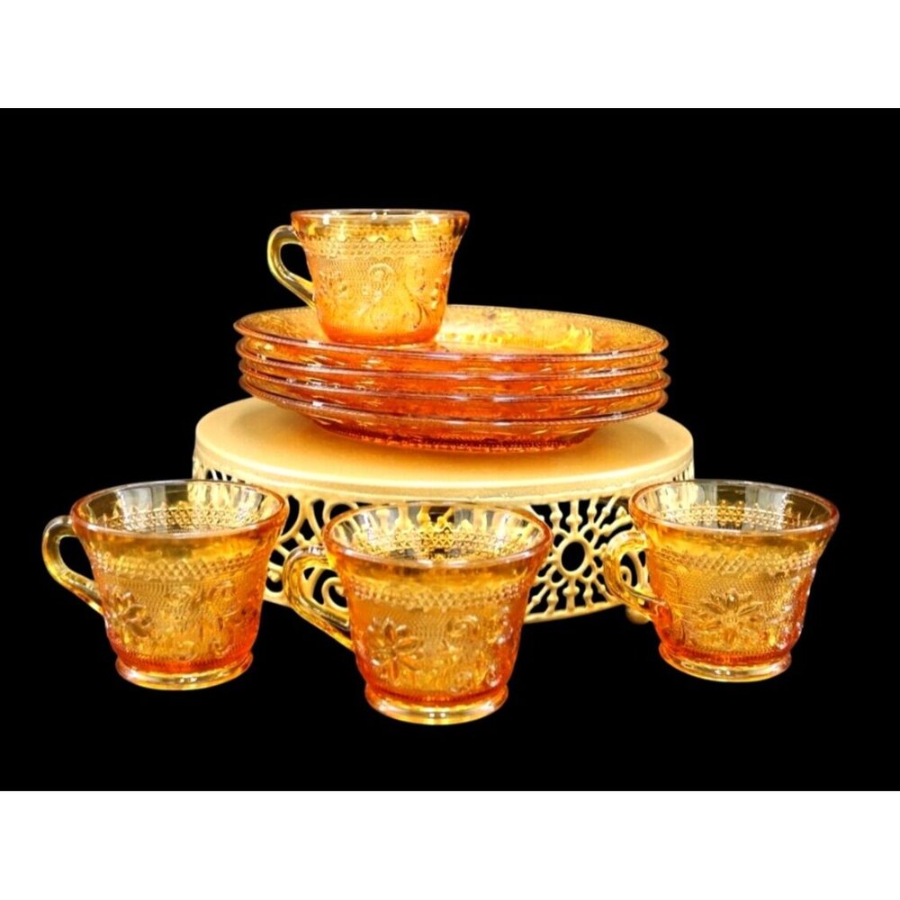Vintage 8 Piece Tiara/Indiana Glass Snack Sets.  Plates and Glasses in Rich Ambe